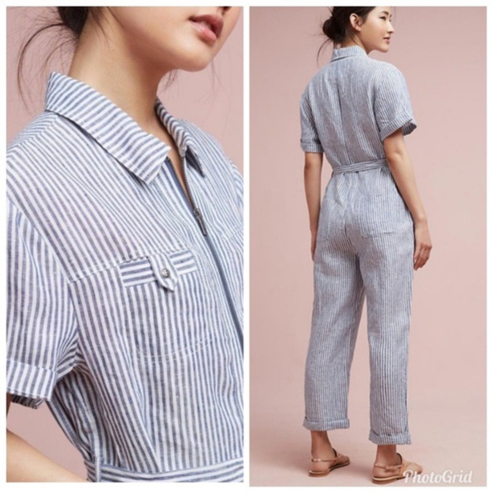 Anthropologie Cartonnier Blue Stripped Linen Railroad Jumpsuit